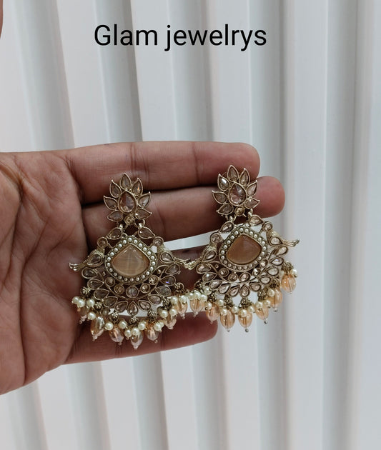 Peach Gold Champagne Stone Bollywood Indian Earrings Rio Tikka Set