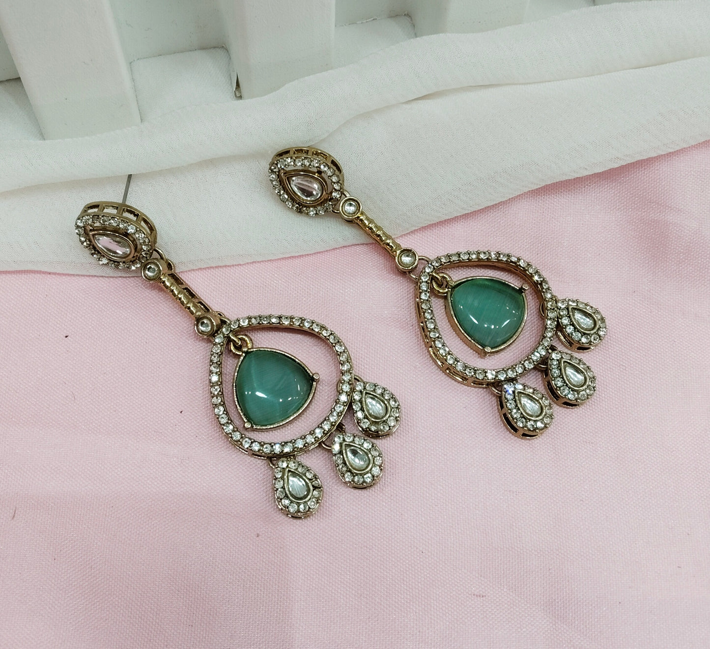 Sage Green Antique Gold Omna Indian Earrings Set