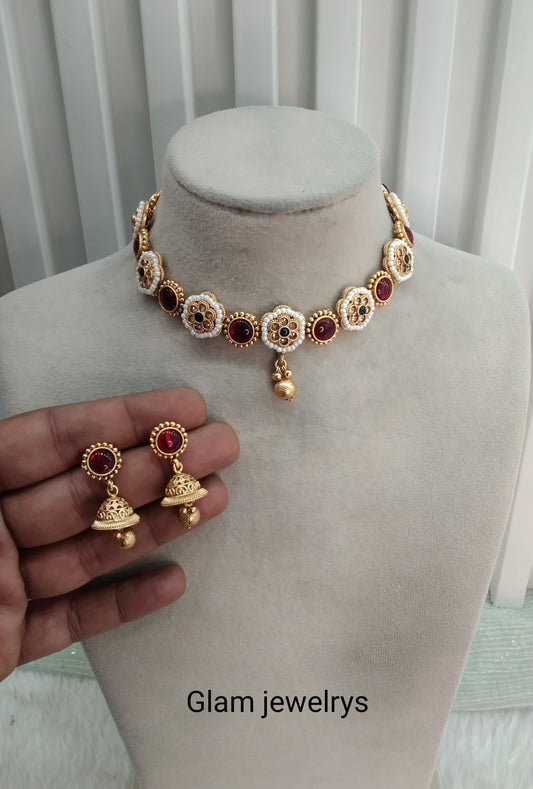 Ruby Green Gold Polki Necklace Indian Jewellery Hanita Set