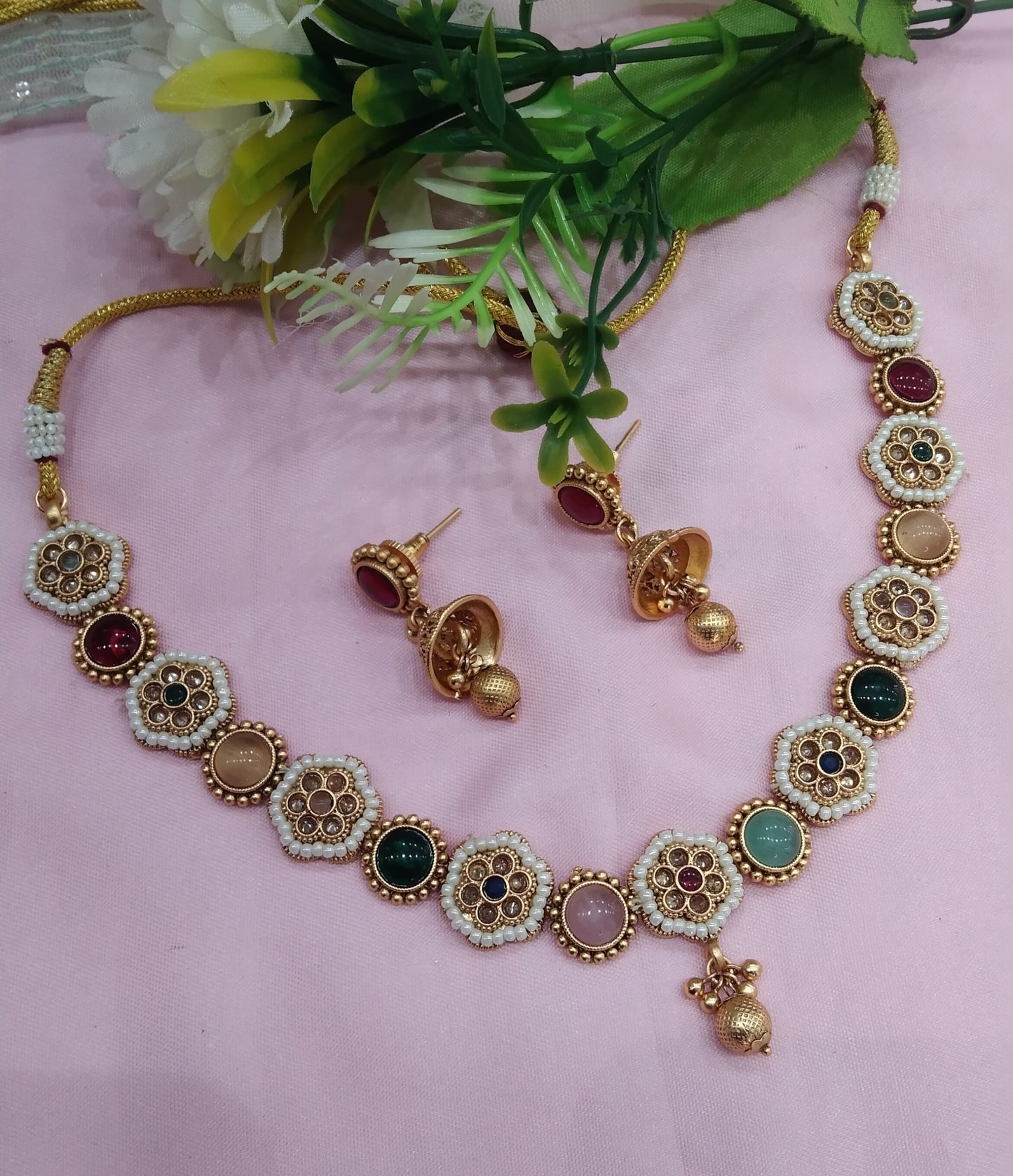 Multi Color Gold Polki Necklace Indian Jewellery Hanita Set