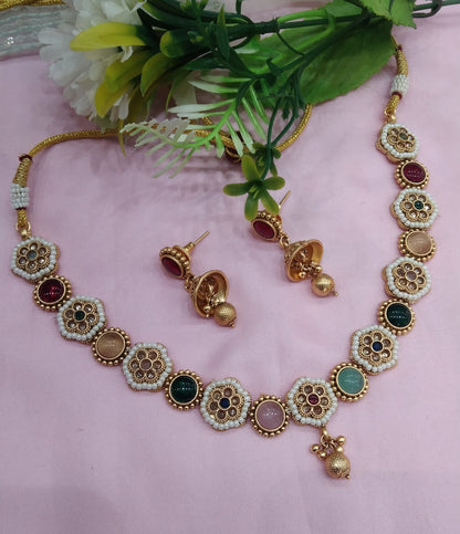 Multi Color Gold Polki Necklace Indian Jewellery Hanita Set