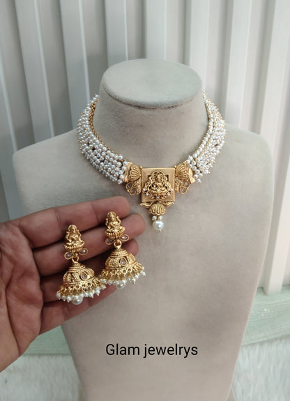 White Gold Polki Necklace Indian Temple Jewellery Hanita Set