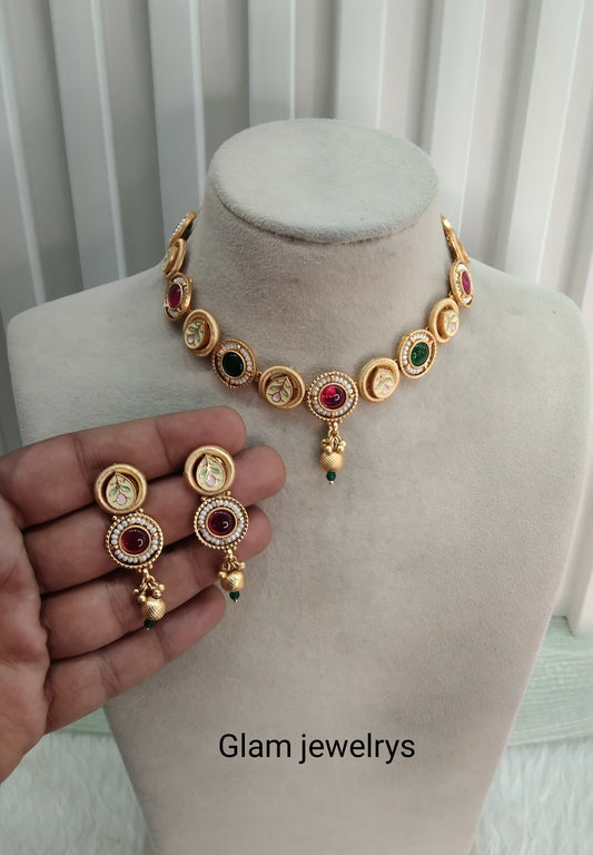 Ruby Green Gold Polki Necklace Indian Jewellery Hanita Set