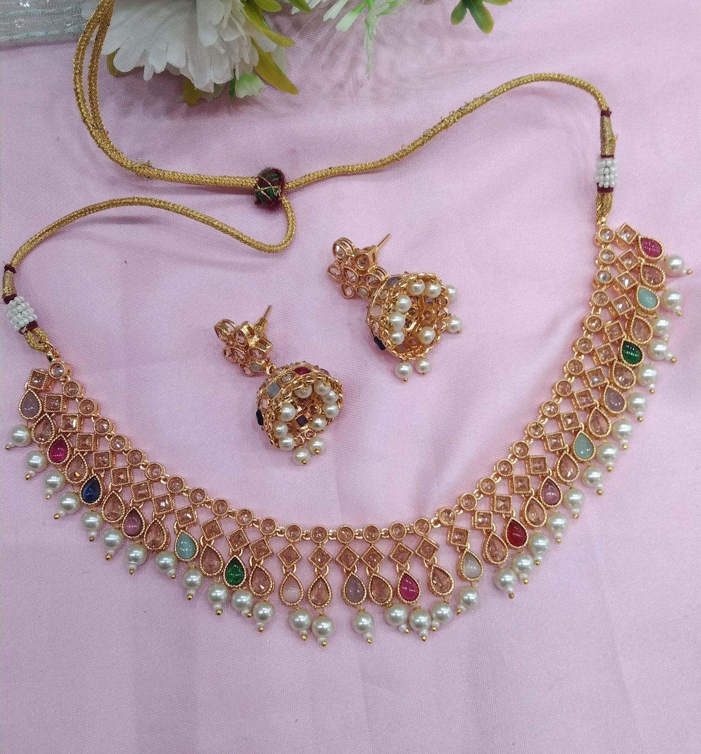 Multi Color Gold Polki Necklace Indian Jewellery Hanita Set