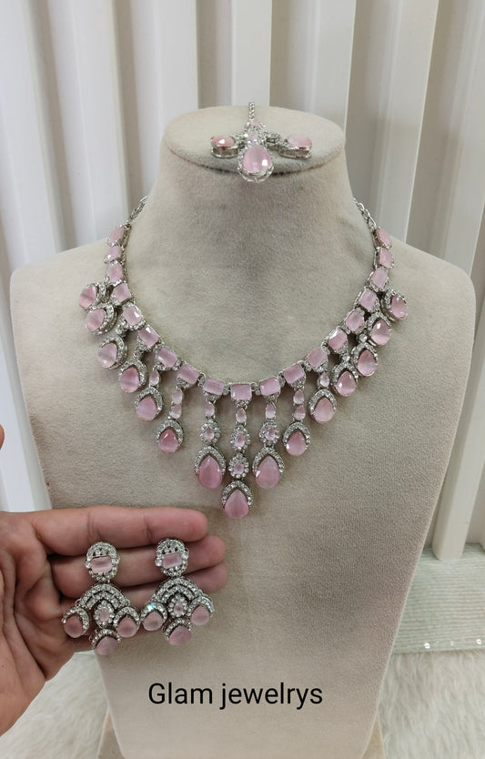 Pink Silver Zircon Necklace Indian Jewellery Ekaksh Set