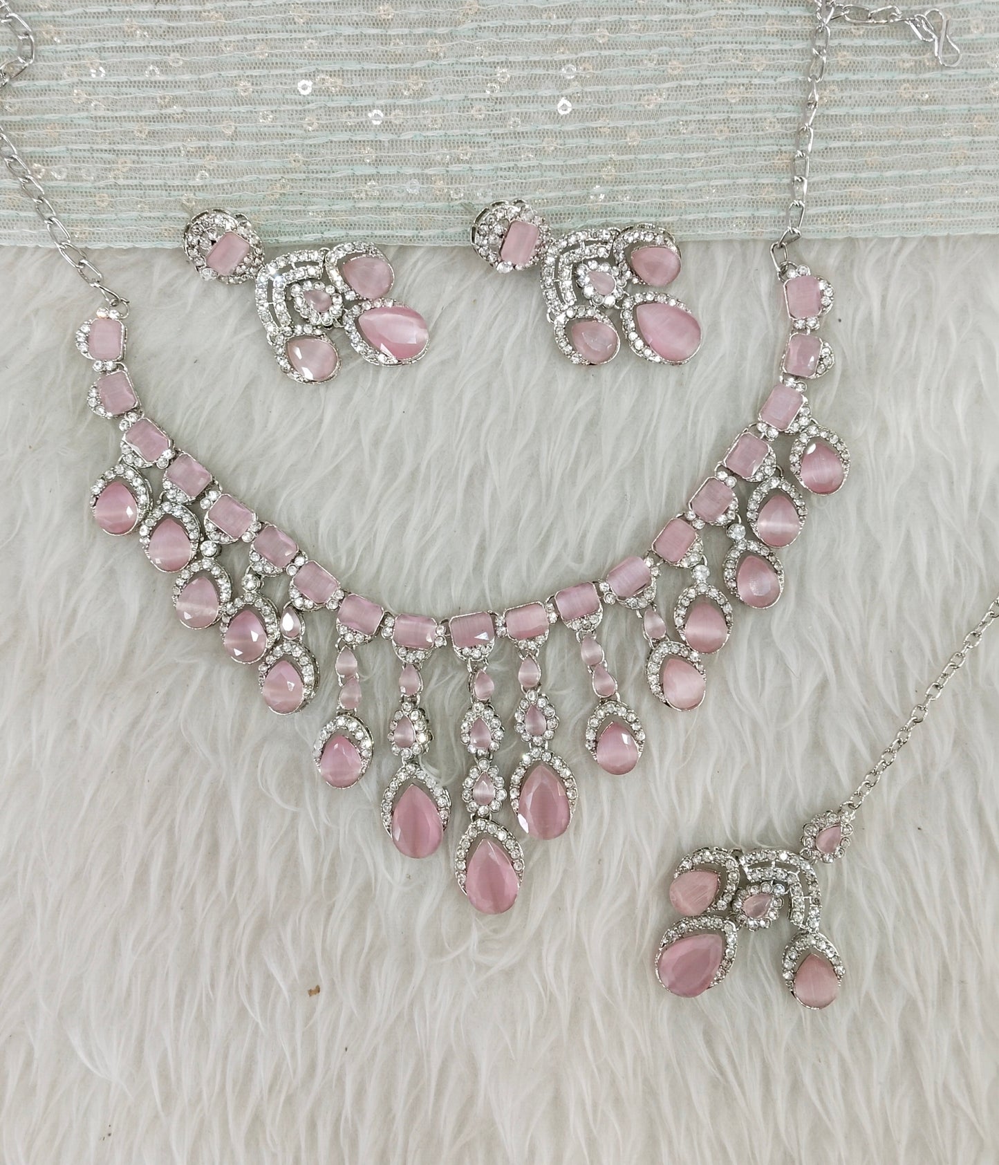 Pink Silver Zircon Necklace Indian Jewellery Ekaksh Set