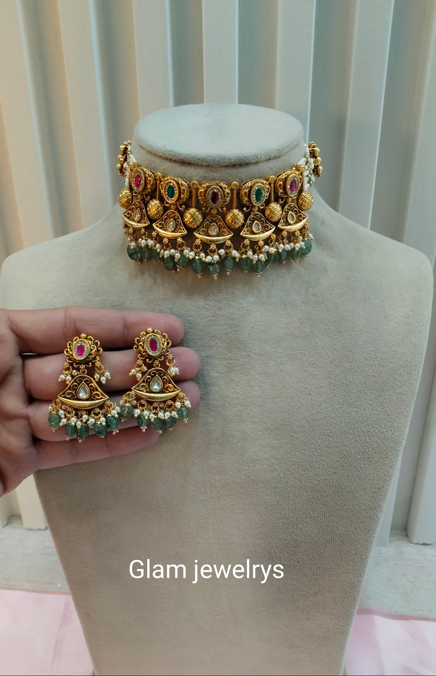 Ruby Sage Green Gold Polki Kundan Choker Necklace Indian Jewellery Jennet Set