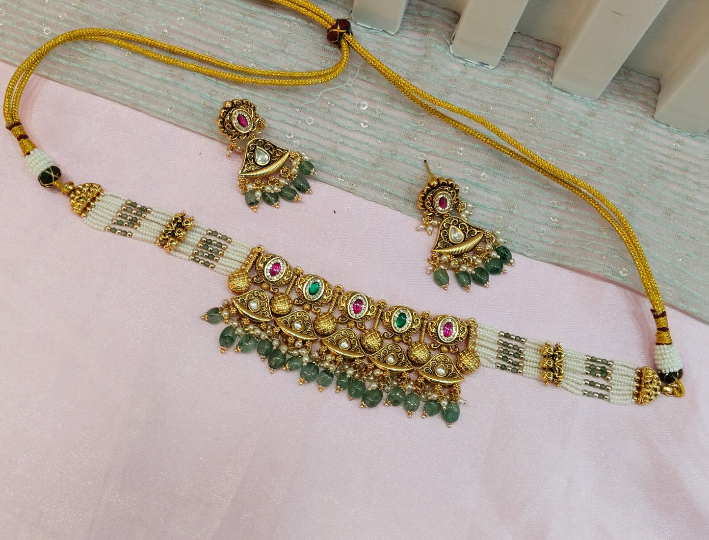 Ruby Sage Green Gold Polki Kundan Choker Necklace Indian Jewellery Jennet Set