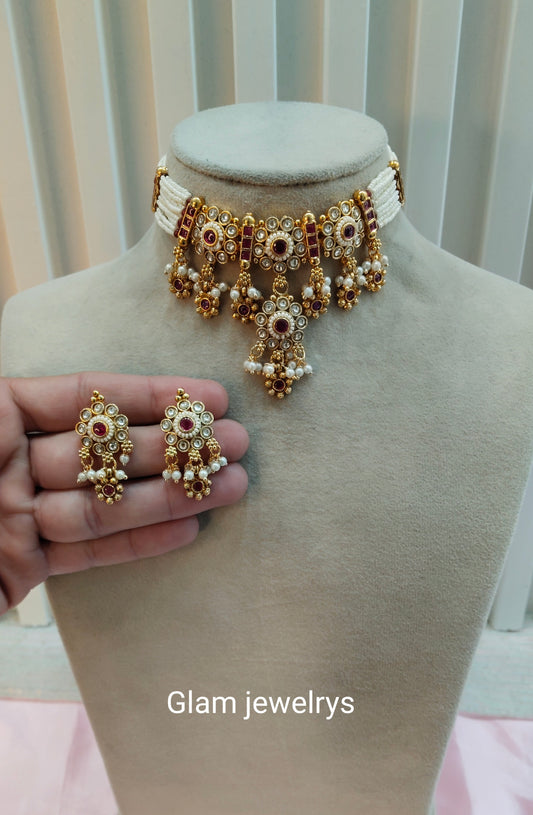 Ruby Gold Polki Kundan Choker Necklace Indian Jewellery Jennet Set