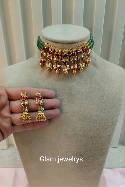 Ruby Sage Green Gold Polki Kundan Choker Necklace Indian Jewellery Jennet Set