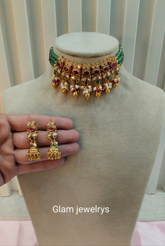 Ruby Sage Green Gold Polki Kundan Choker Necklace Indian Jewellery Jennet Set