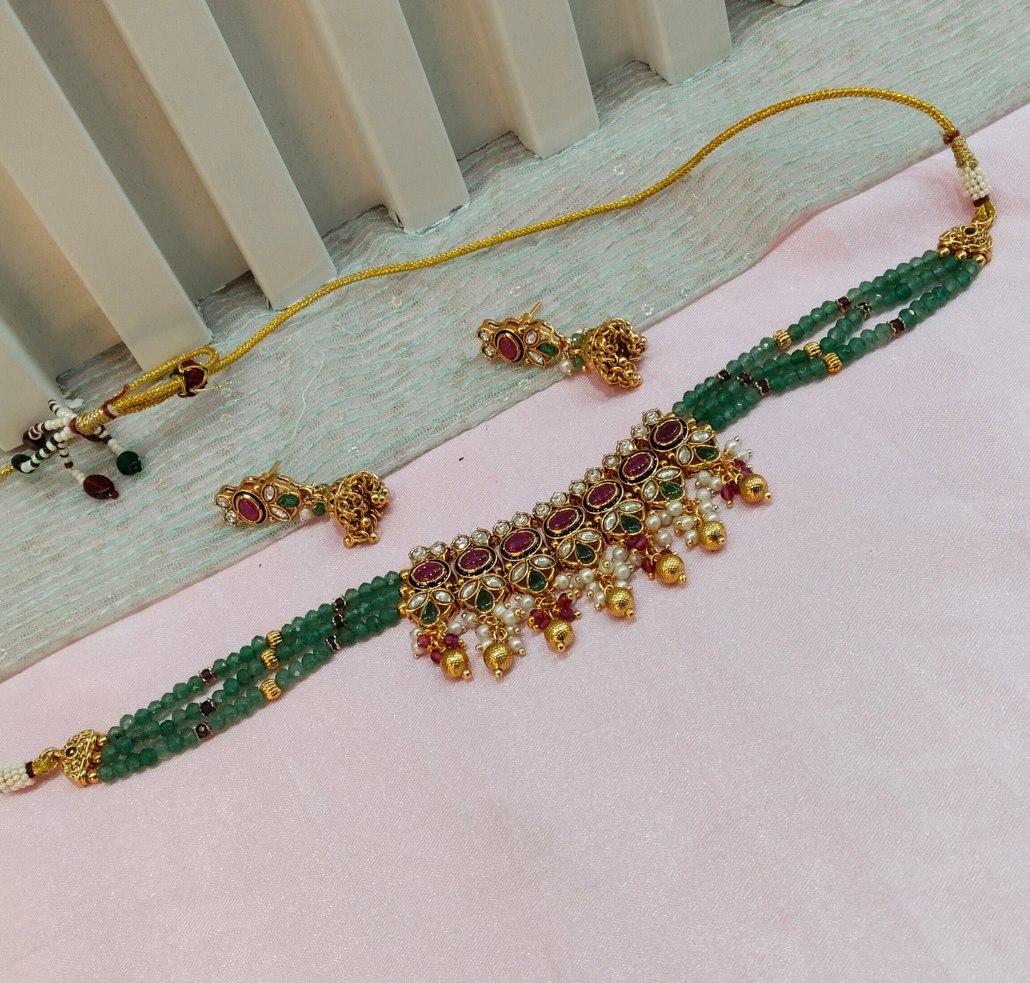 Ruby Sage Green Gold Polki Kundan Choker Necklace Indian Jewellery Jennet Set