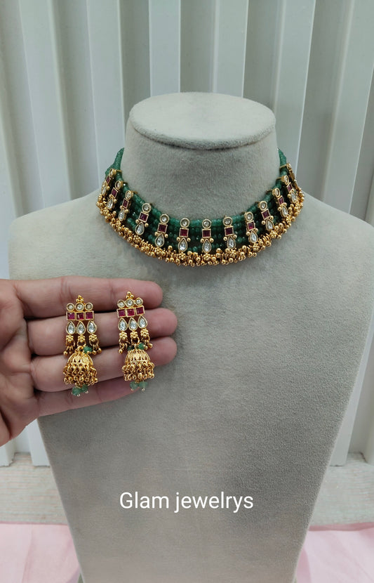 Ruby Sage Green Gold Polki Kundan Choker Necklace Indian Jewellery Jennet Set