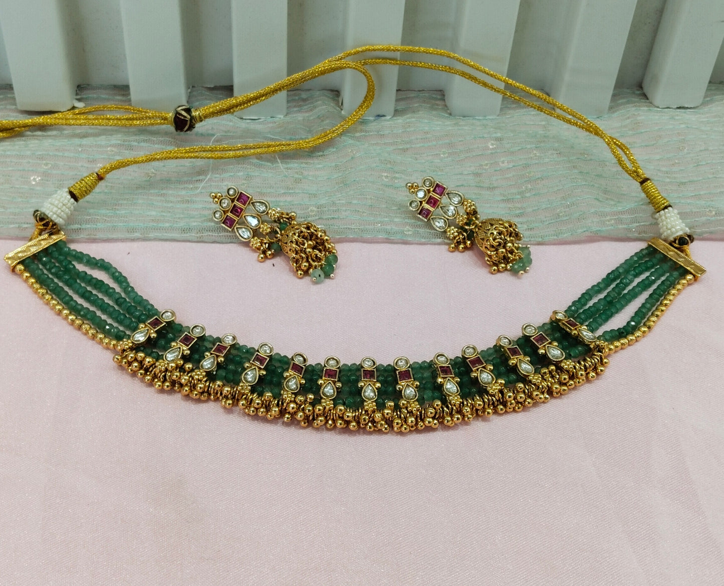 Ruby Sage Green Gold Polki Kundan Choker Necklace Indian Jewellery Jennet Set