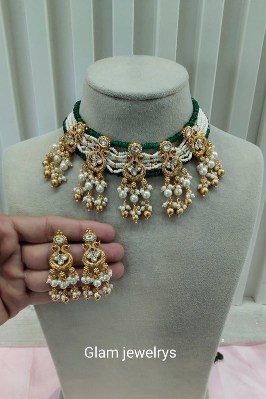 Ruby Sage Green Gold Polki Kundan Choker Necklace Indian Jewellery Jennet Set