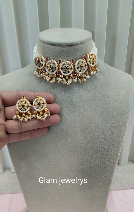 Ruby Green Gold Polki Kundan Choker Necklace Indian Jewellery Jennet Set