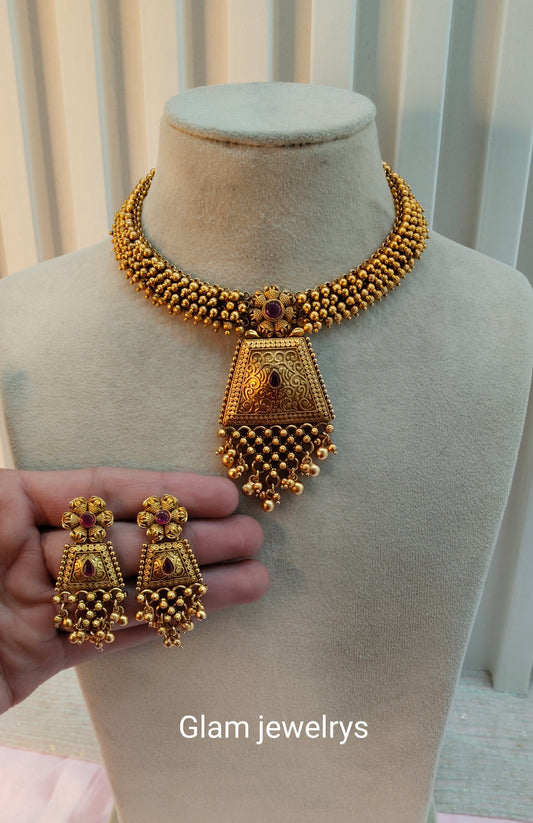 Ruby Gold Polki Necklace Indian Jewellery Harf Set