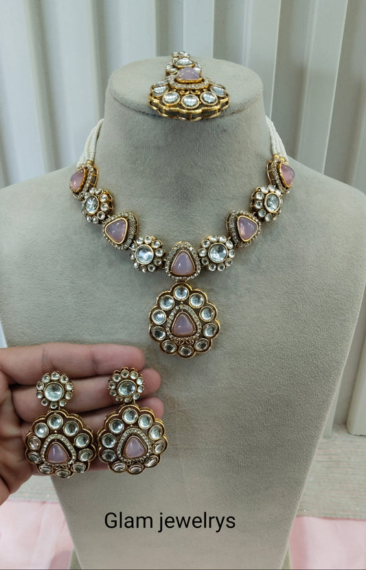 Pink Gold Kundan Necklace Indian Jewellery Kajal Set