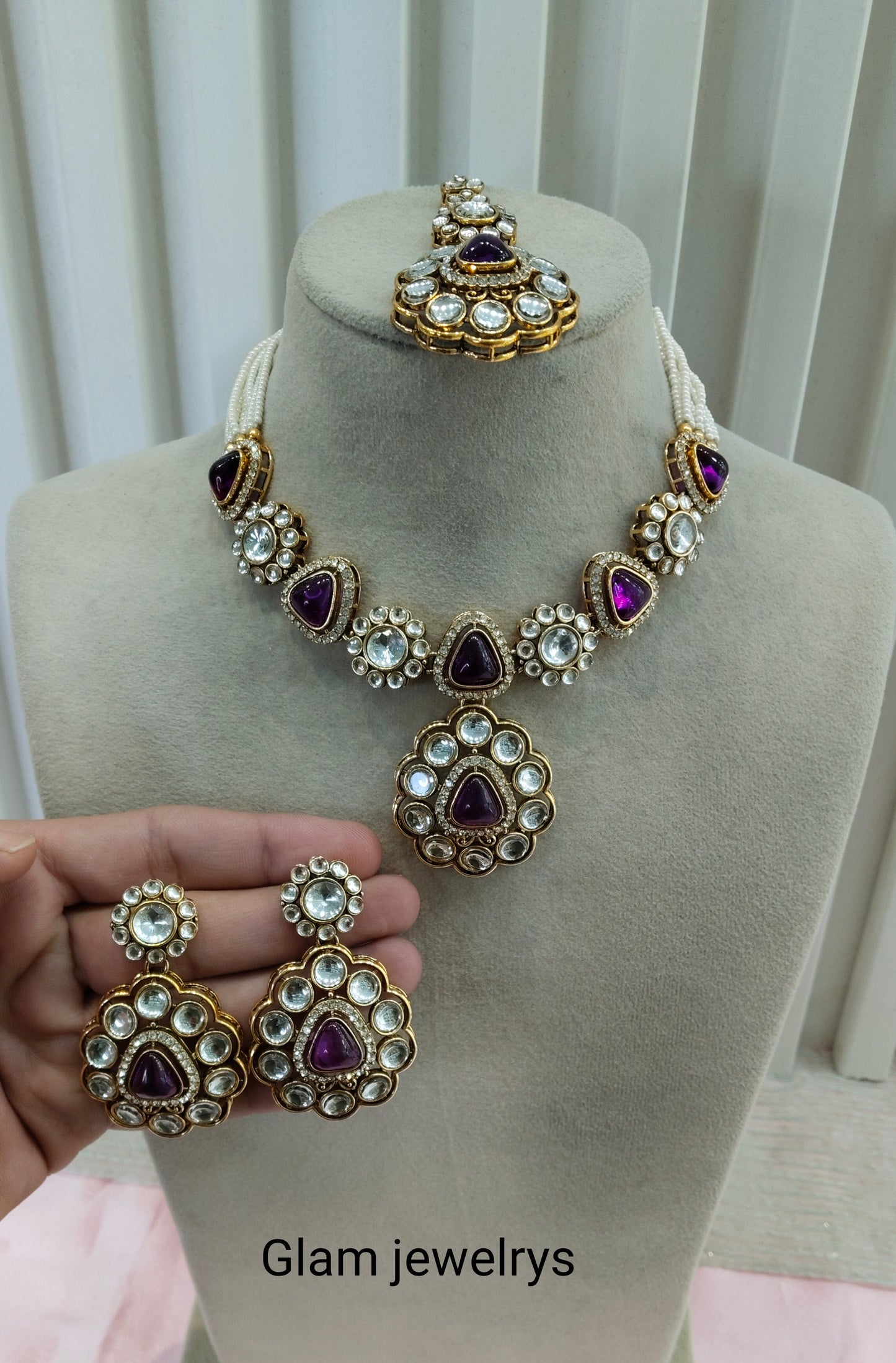 Purple Gold Kundan Necklace Indian Jewellery Kajal Set