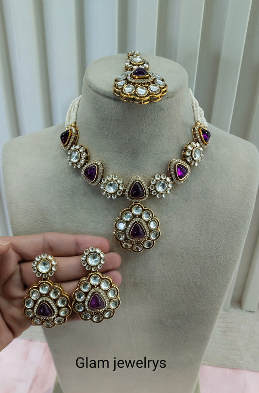 Purple Gold Kundan Necklace Indian Jewellery Kajal Set