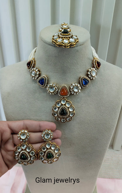 Multi Color Gold Kundan Necklace Indian Jewellery Kajal Set