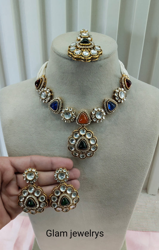 Multi Color Gold Kundan Necklace Indian Jewellery Kajal Set