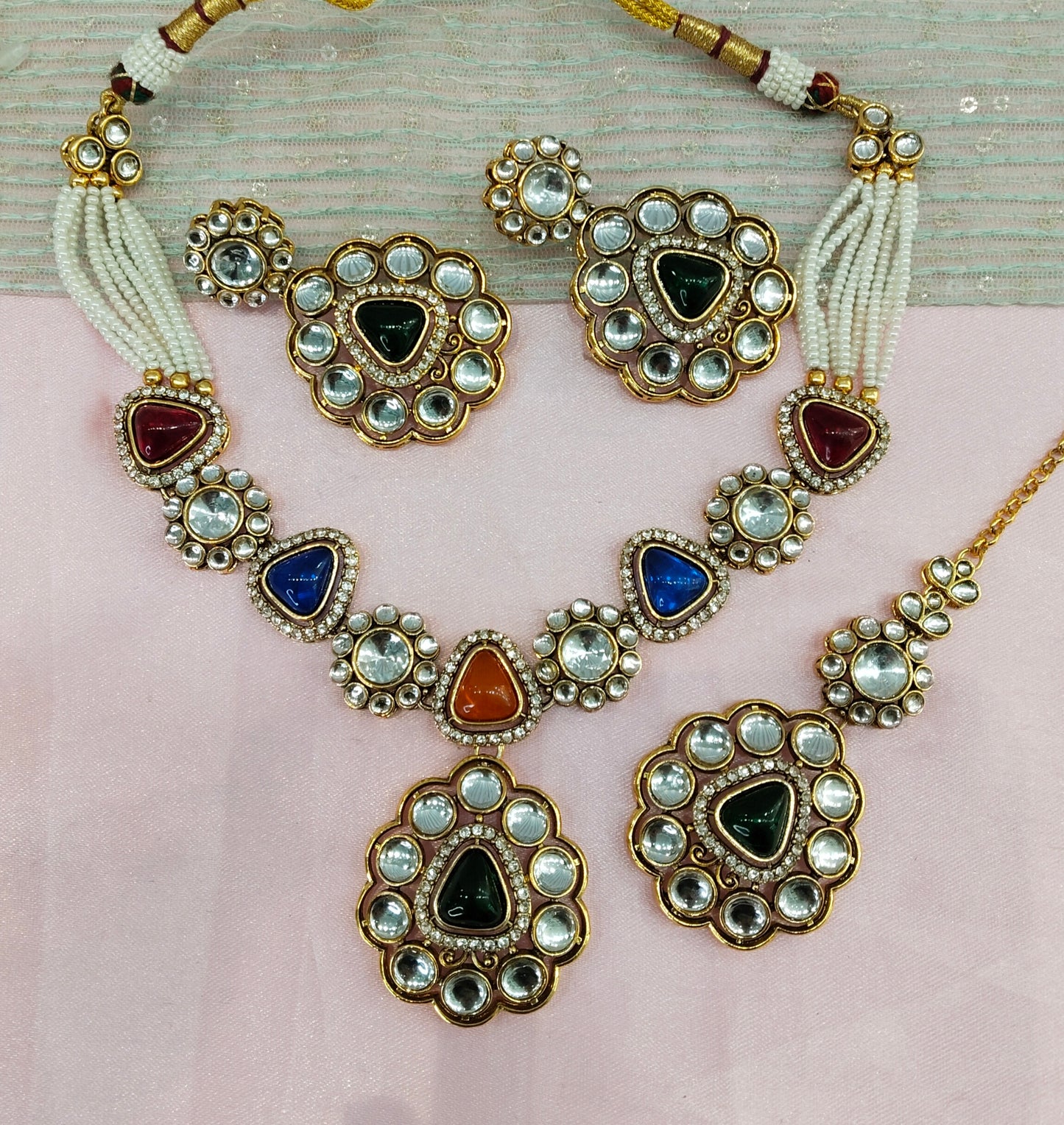Multi Color Gold Kundan Necklace Indian Jewellery Kajal Set