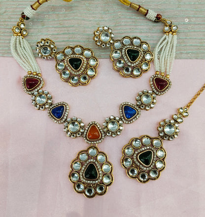 Multi Color Gold Kundan Necklace Indian Jewellery Kajal Set