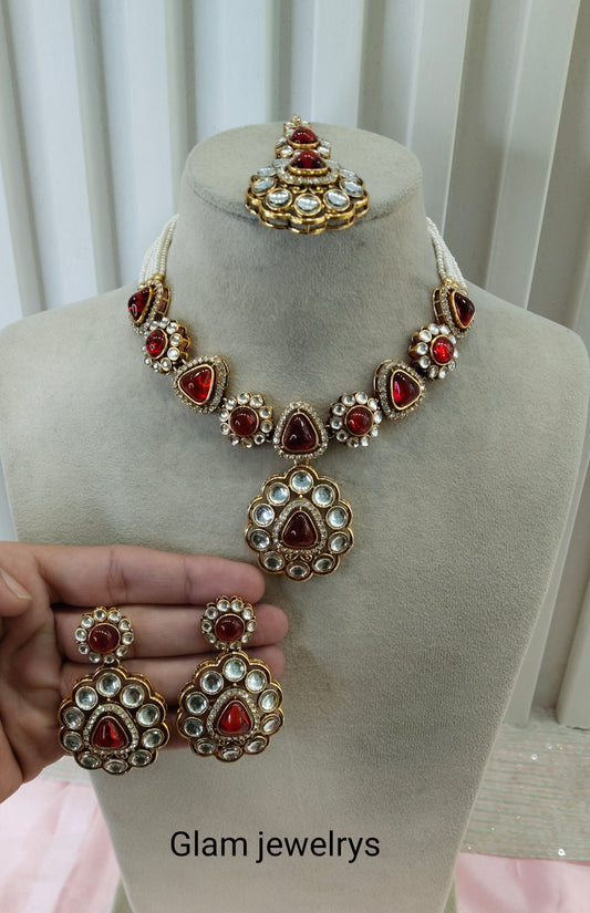 Red Gold Kundan Necklace Indian Jewellery Kajal Set