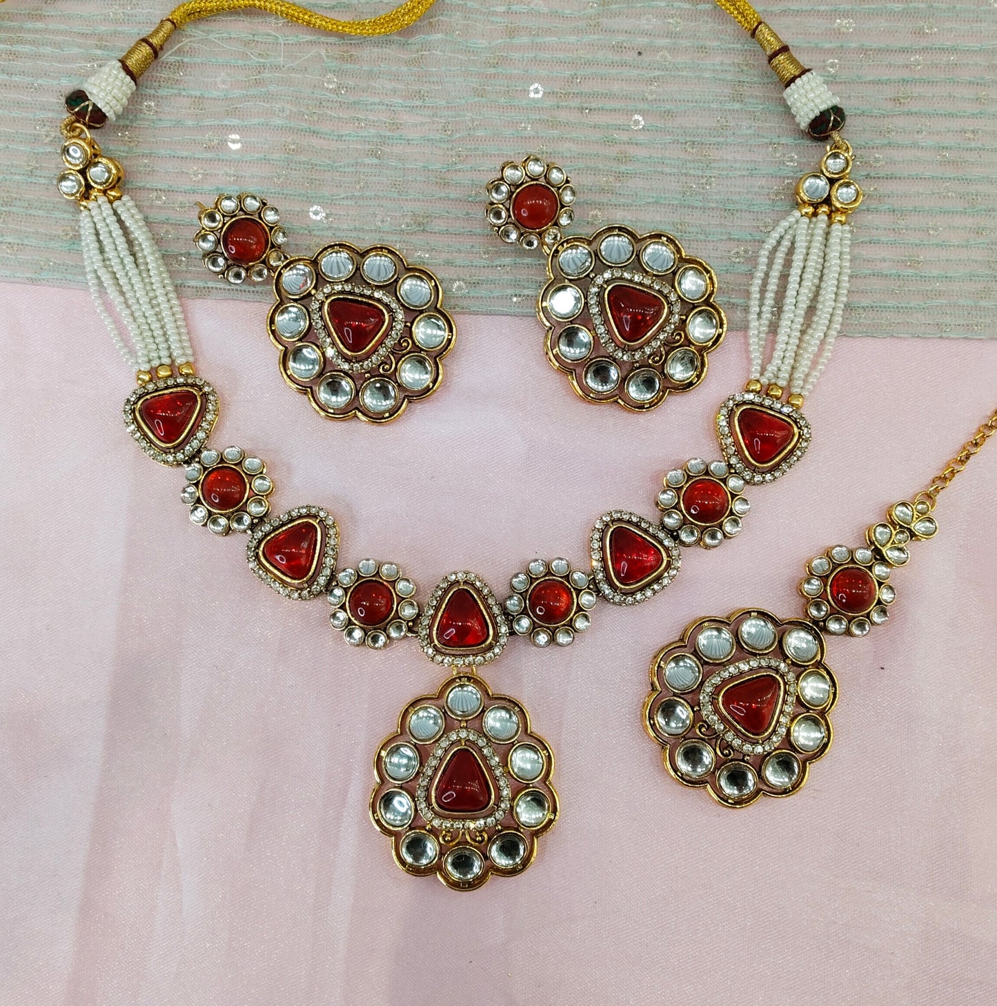 Red Gold Kundan Necklace Indian Jewellery Kajal Set