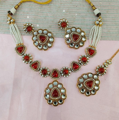 Red Gold Kundan Necklace Indian Jewellery Kajal Set