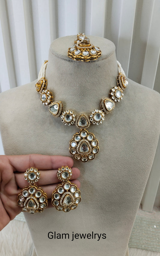 White Gold Kundan Necklace Indian Jewellery Kajal Set