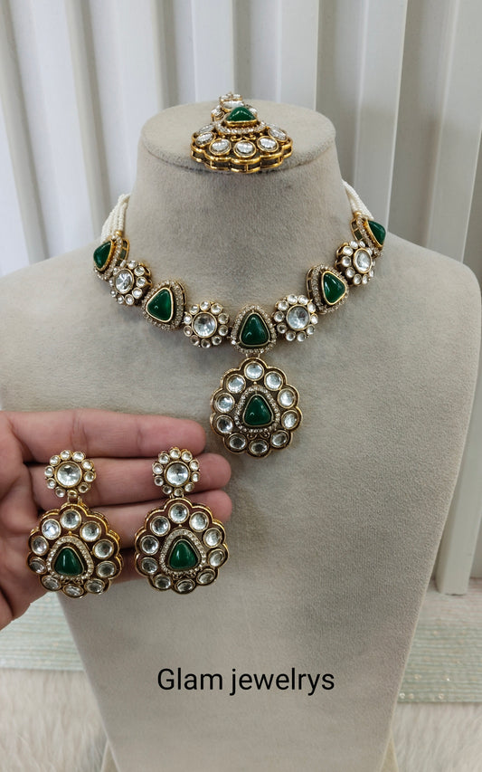 Opaque Green Gold Kundan Necklace Indian Jewellery Kajal Set
