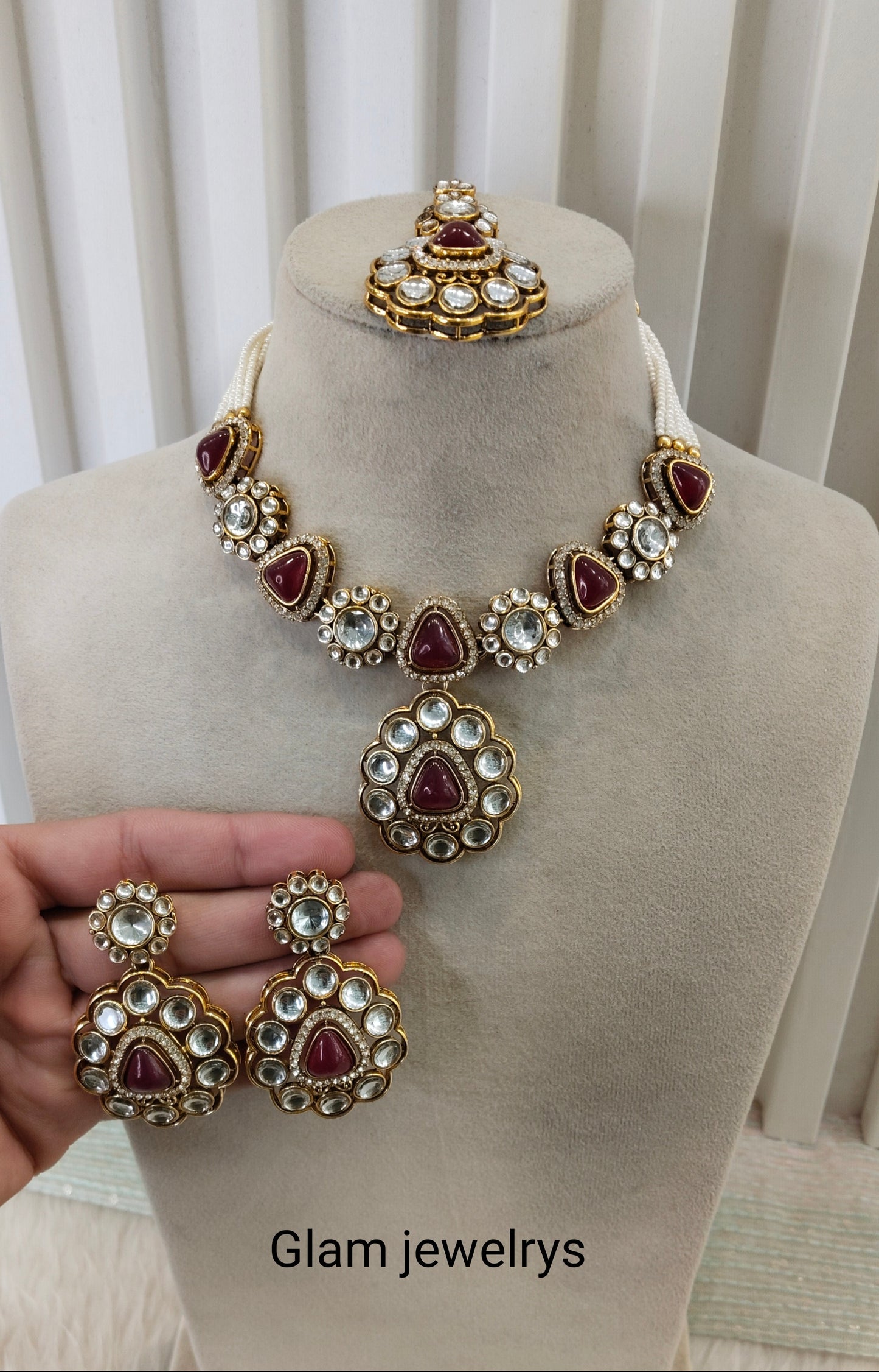 Maroon Gold Kundan Necklace Indian Jewellery Kajal Set
