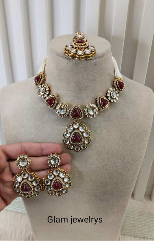 Maroon Gold Kundan Necklace Indian Jewellery Kajal Set