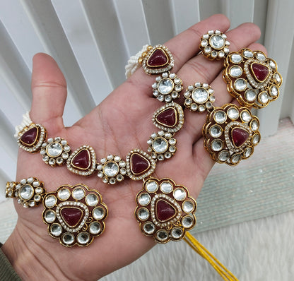 Maroon Gold Kundan Necklace Indian Jewellery Kajal Set