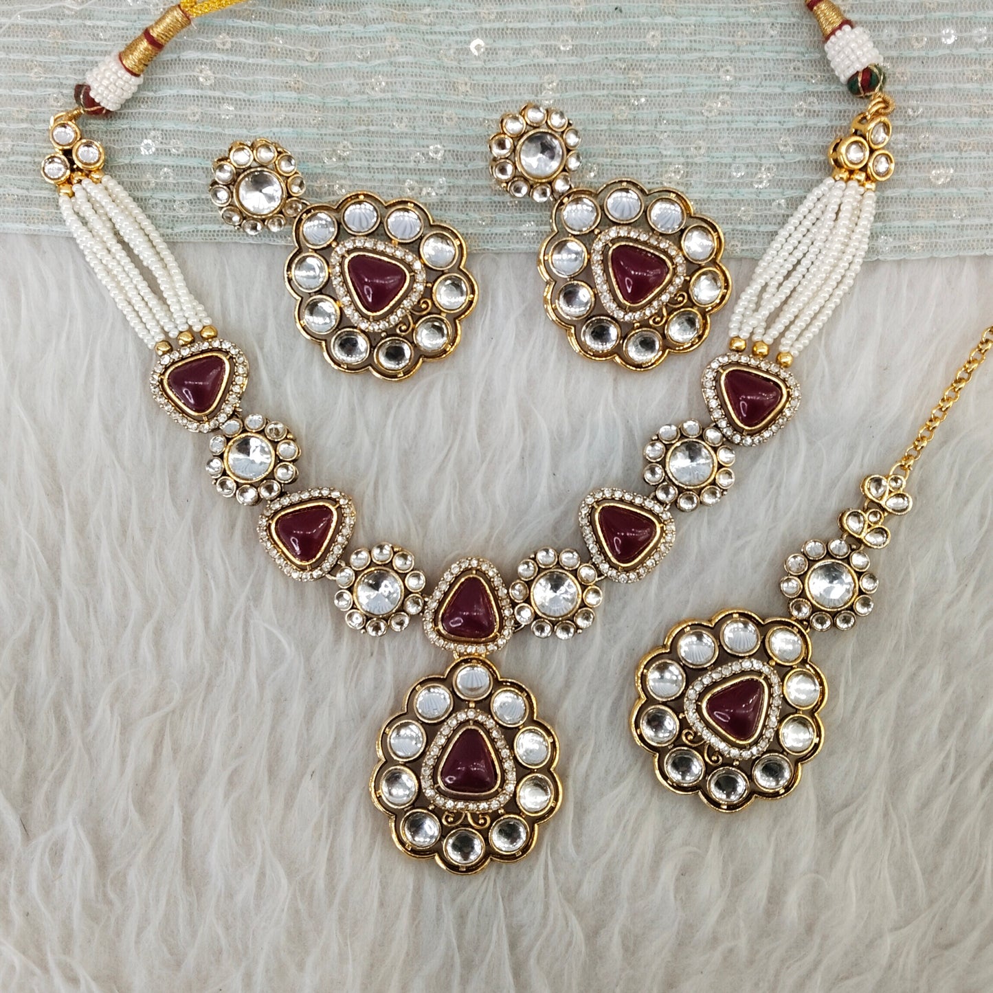 Maroon Gold Kundan Necklace Indian Jewellery Kajal Set
