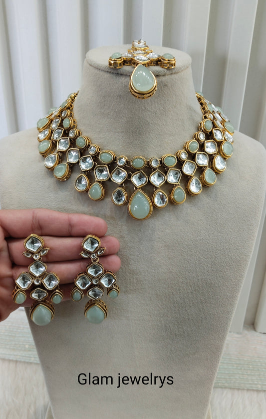 Pastel Gold Kundan Necklace Indian Jewellery Raveena Set