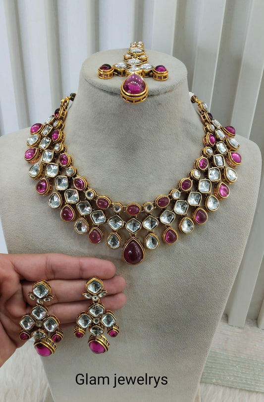 Rani Pink Gold Kundan Necklace Indian Jewellery Raveena Set