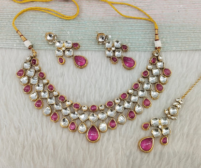 Rani Pink Gold Kundan Necklace Indian Jewellery Raveena Set