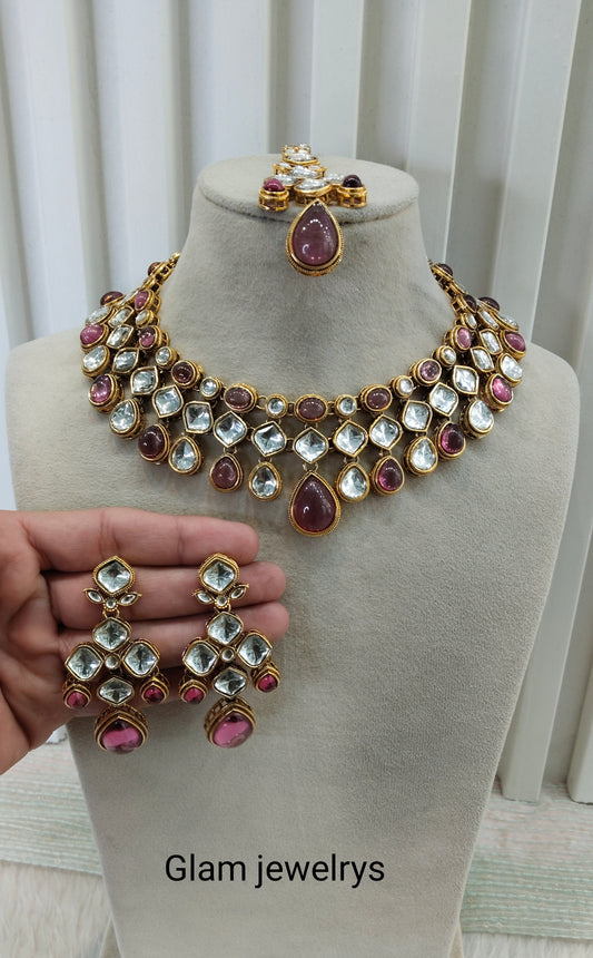 Purple Gold Kundan Necklace Indian Jewellery Raveena Set