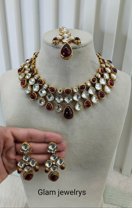 Maroon Gold Kundan Necklace Indian Jewellery Raveena Set