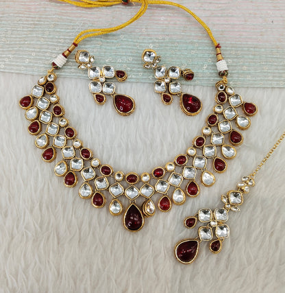Maroon Gold Kundan Necklace Indian Jewellery Raveena Set