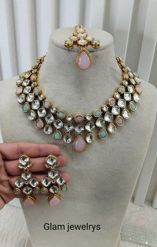 Pink Pastel Gold Kundan Necklace Indian Jewellery Raveena Set