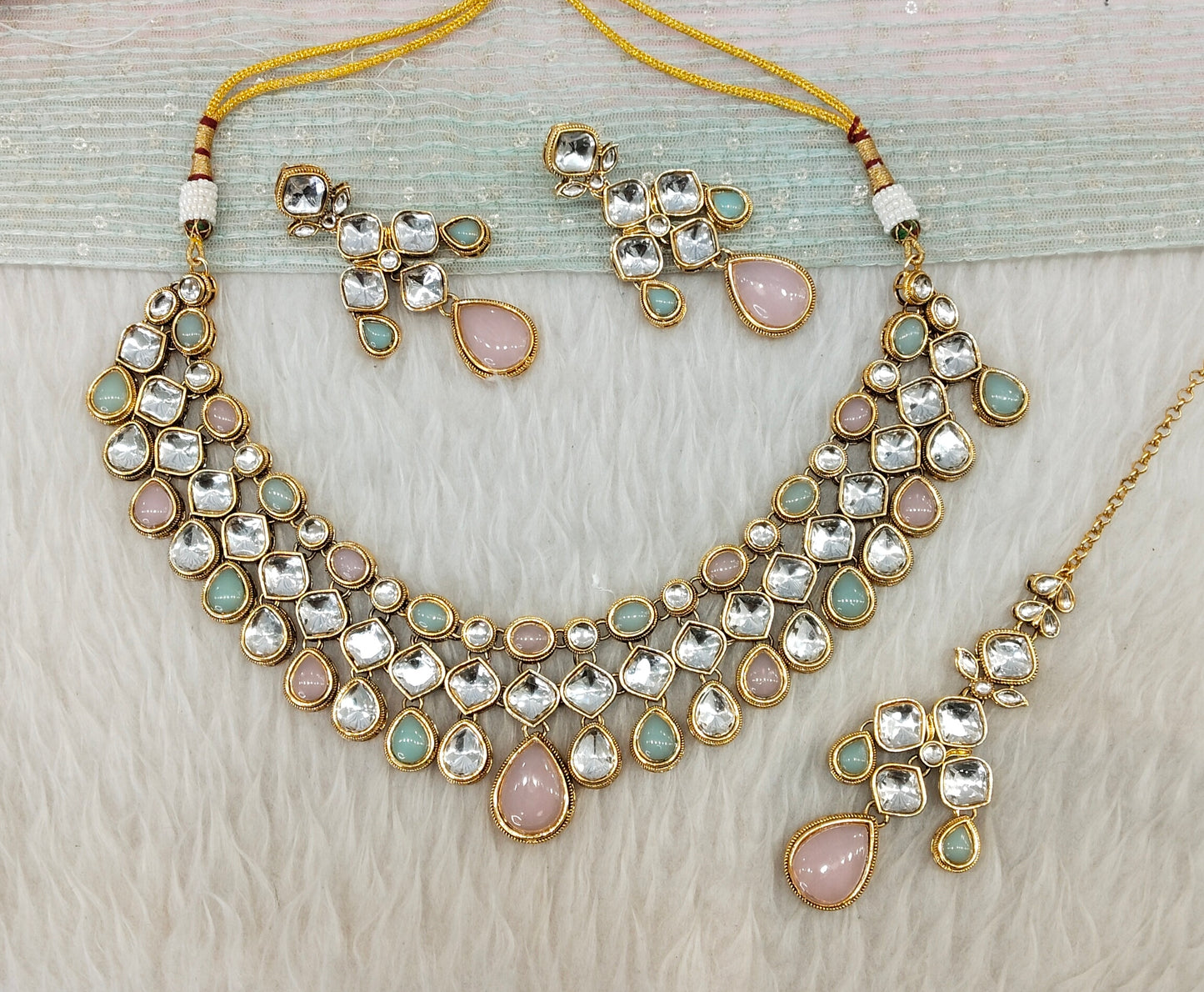 Pink Pastel Gold Kundan Necklace Indian Jewellery Raveena Set