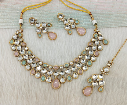 Pink Pastel Gold Kundan Necklace Indian Jewellery Raveena Set