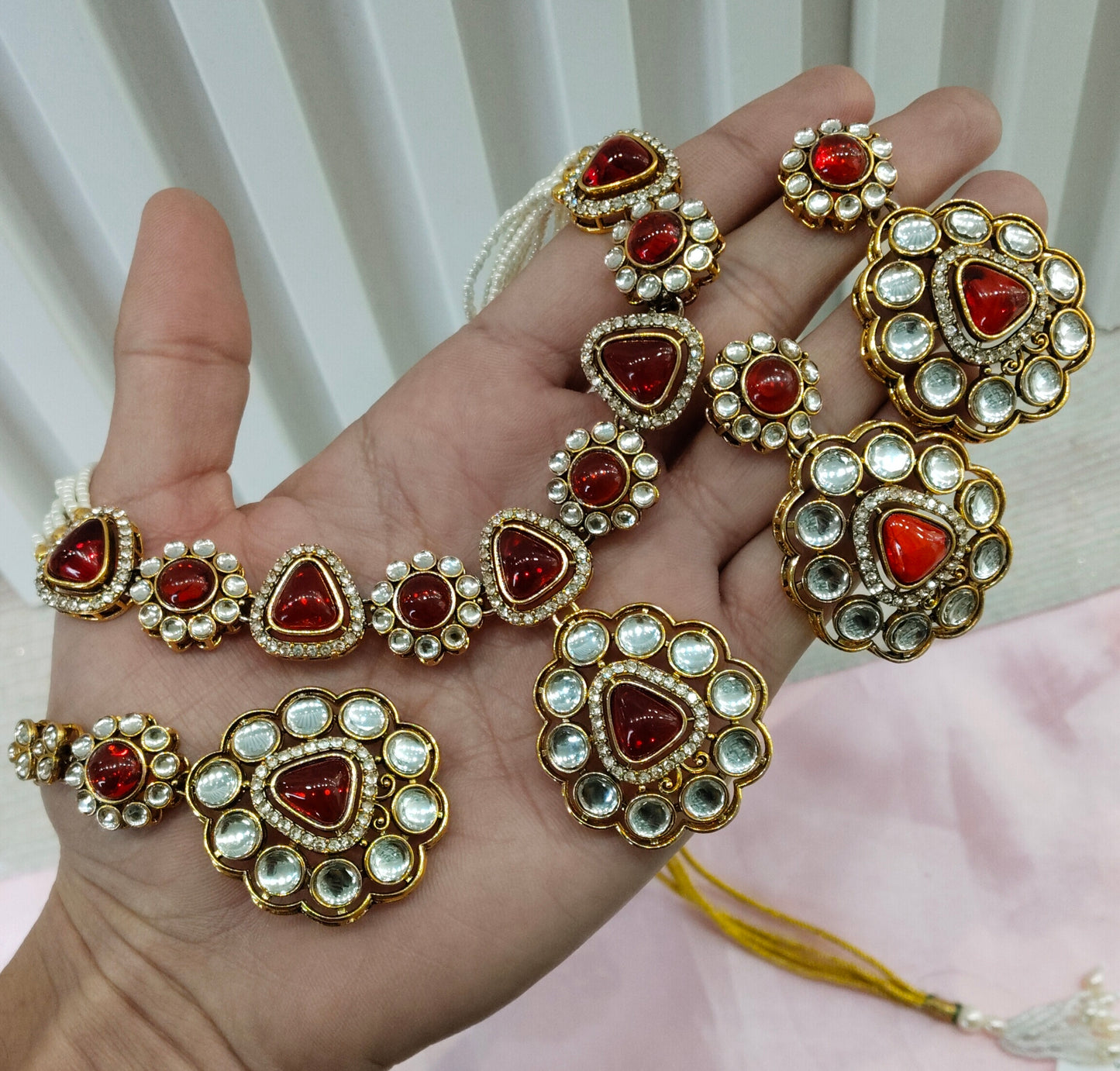 Red Gold Kundan Necklace Indian Jewellery Kajal Set