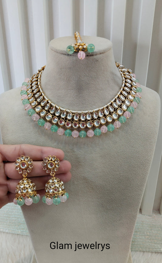 Mint Pink Gold Kundan Necklace Indian Jewellery Roshan Set