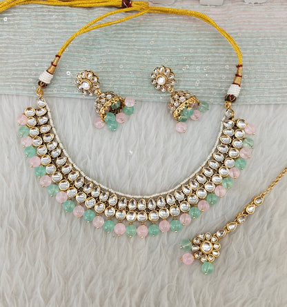 Mint Pink Gold Kundan Necklace Indian Jewellery Roshan Set