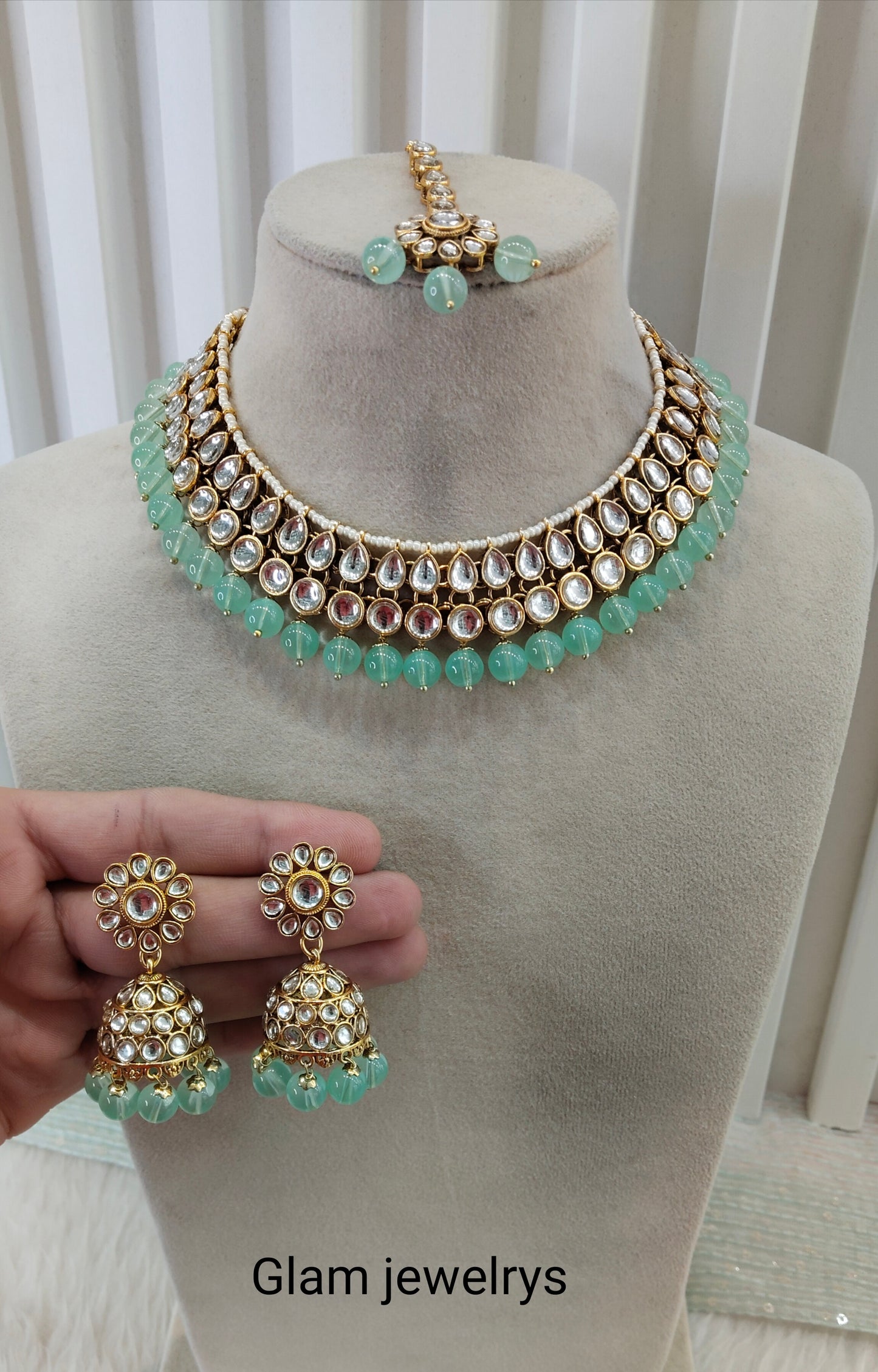 Pastel Green Gold Kundan Necklace Indian Jewellery Roshan Set